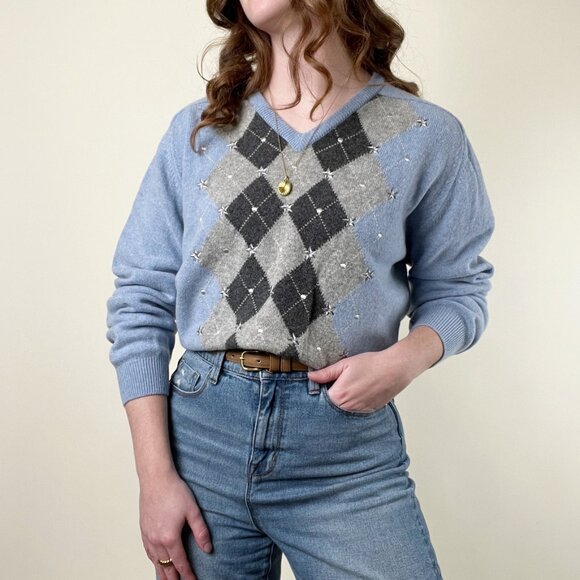 Vintage Pringle Of Scotland Argyle V-Neck Peppy Tennis Sweater Prep Embroidered - Picture 3 of 8